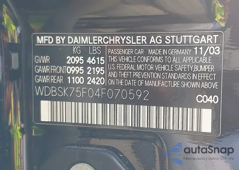 2004 Mercedes-Benz Sl 500 z USA, uszkodzony, nr VIN WDBSK75F04F070592